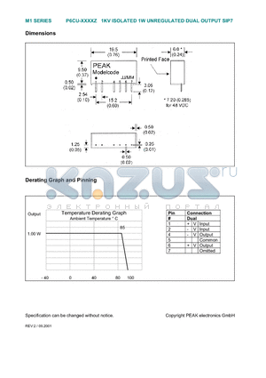 P6CU-0512Z datasheet - 1KV ISOLATED 1W UNREGULATED DUAL OUTPUT SIP7