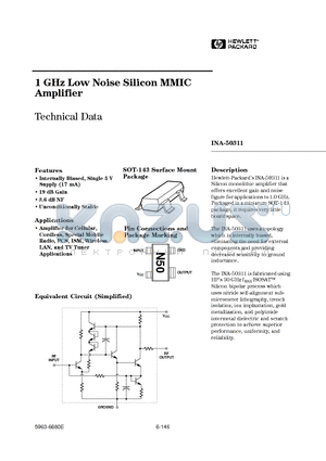 INA-50311 datasheet - 1 GHz Low Noise Silicon MMIC Amplifier