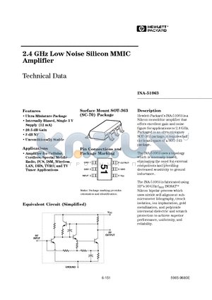INA-51063 datasheet - 2.4 GHz Low Noise Silicon MMIC Amplifier