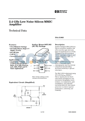 INA-51063-TR1 datasheet - 2.4 GHz Low Noise Silicon MMIC Amplifier