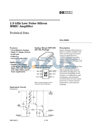 INA-52063-BLK datasheet - 1.5 GHz Low Noise Silicon MMIC Amplifier