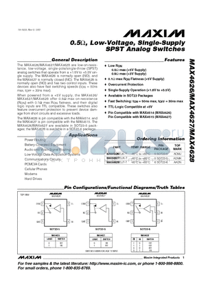 MAX4626-MAX4628 datasheet - 0.5, Low-Voltage, Single-Supply SPST Analog Switches