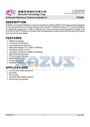 PT2258-S datasheet - 6-Channel Electronic Volume Controller IC