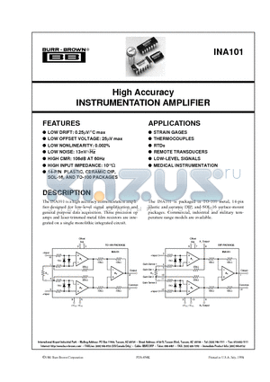 INA101KU datasheet - High Accuracy INSTRUMENTATION AMPLIFIER