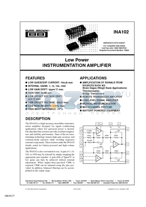 INA102AU datasheet - Low Power INSTRUMENTATION AMPLIFIER