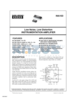 INA103KPG4 datasheet - Low Noise, Low Distortion INSTRUMENTATION AMPLIFIER