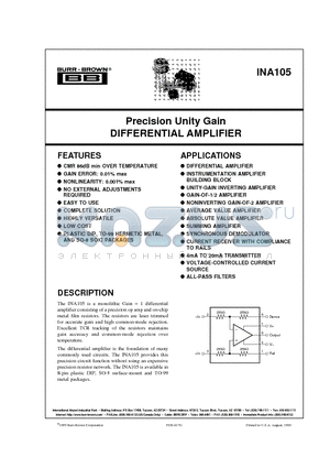 INA105KP datasheet - Precision Unity Gain DIFFERENTIAL AMPLIFIER