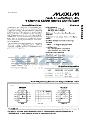 MAX4634ETB datasheet - Fast, Low-Voltage, 4, 4-Channel CMOS Analog Multiplexer