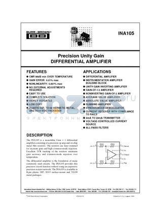 INA105KU datasheet - Precision Unity Gain DIFFERENTIAL AMPLIFIER