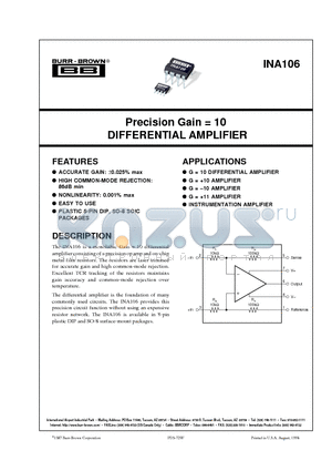 INA106KP datasheet - Precision Gain = 10 DIFFERENTIAL AMPLIFIER