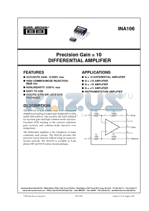 INA106KU datasheet - Precision Gain = 10 DIFFERENTIAL AMPLIFIER