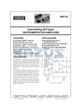 INA110KU datasheet - Fast-Settling FET-Input INSTRUMENTATION AMPLIFIER