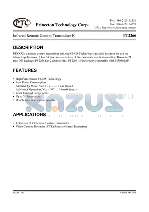 PT2266 datasheet - Infrared Remote Control Transmitter IC