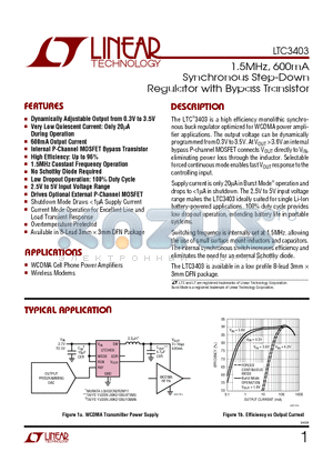 LTC3403 datasheet - 1.5MHz, 600mA Synchronous Step-Down Regulator with Bypass Transistor