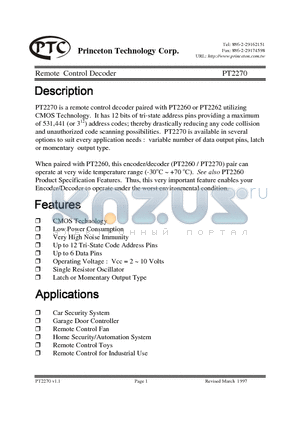 PT2270 datasheet - Remote Control Decoder