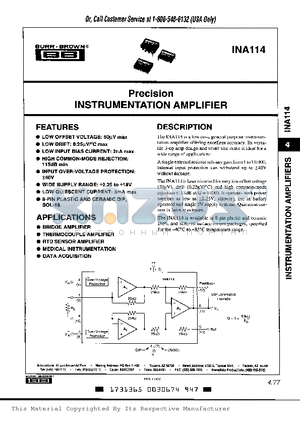 INA114AP datasheet - Precision INSTRUMENTATION AMPLIFIER