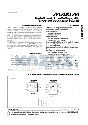 MAX4644EUT-T datasheet - High-Speed, Low-Voltage, 4, SPDT CMOS Analog Switch