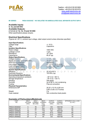 P6DUI-120505Z datasheet - 1KV ISOLATED 1W UNREGULATED DUAL SEPARATE OUTPUT DIP14