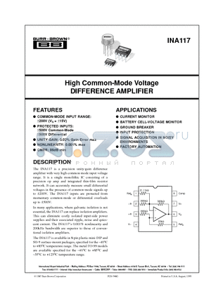 INA117BM datasheet - High Common-Mode Voltage DIFFERENCE AMPLIFIER