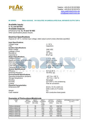 P6DUI-050505Z datasheet - 1KV ISOLATED 1W UNREGULATED DUAL SEPARATE OUTPUT DIP14