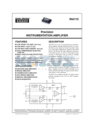 INA115AU datasheet - Precision INSTRUMENTATION AMPLIFIER