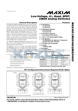 MAX4651 datasheet - Low-Voltage, 4, Quad, SPST, CMOS Analog Switches