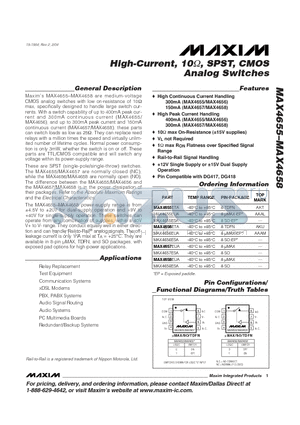 MAX4655 datasheet - High-Current, 10ohm, SPST, CMOS Analog Switches