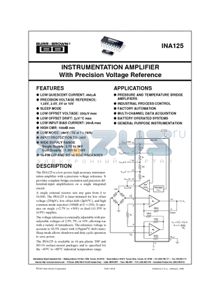 INA125PA datasheet - INSTRUMENTATION AMPLIFIER With Precision Voltage Reference