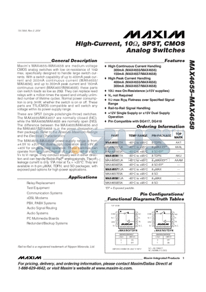 MAX4656ESA datasheet - High-Current, 10ohm, SPST, CMOS Analog Switches