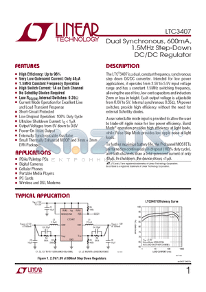 LTC3407EDD datasheet - Dual Synchronous, 600mA, 1.5MHz Step-Down DC/DC Regulator