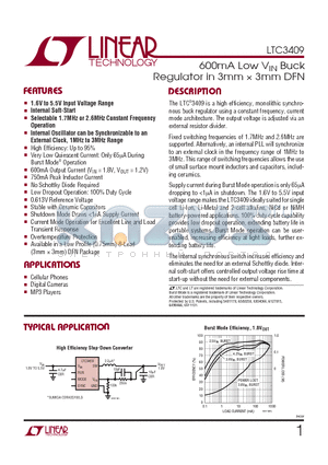 LTC3409 datasheet - 600mA Low Vin Buck Regulator in 3mm x 3mm DFN