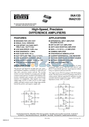 INA133U datasheet - High-Speed, Precision DIFFERENCE AMPLIFIERS
