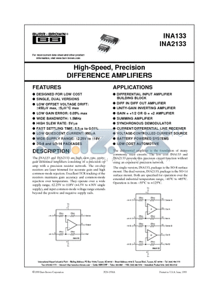 INA133UA datasheet - High-Speed, Precision DIFFERENCE AMPLIFIERS