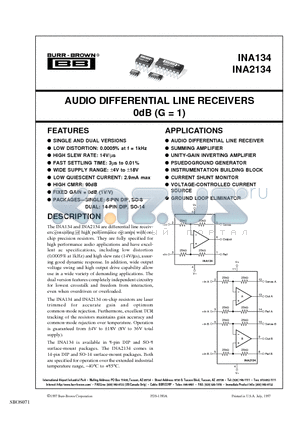 INA134PA datasheet - AUDIO DIFFERENTIAL LINE RECEIVERS 0dB (G=1)