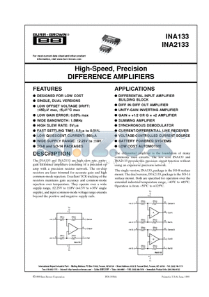 INA133 datasheet - High-Speed, Precision DIFFERENCE AMPLIFIERS