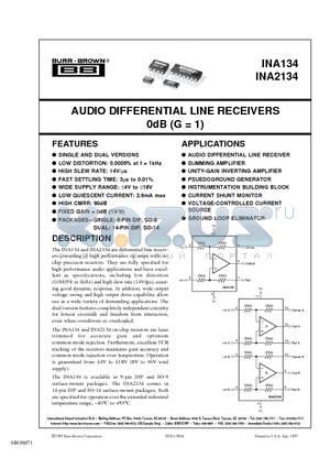 INA134PAG4 datasheet - AUDIO DIFFERENTIAL LINE RECEIVERS 0dB (G=1)