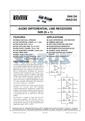 INA134PA datasheet - AUDIO DIFFERENTIAL LINE RECEIVERS 0dB G = 1