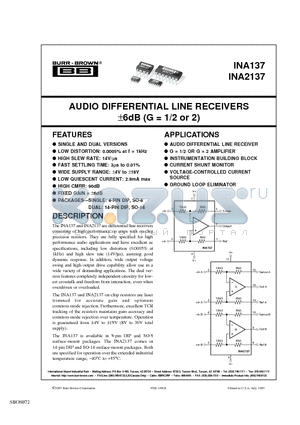 INA137_07 datasheet - AUDIO DIFFERENTIAL LINE RECEIVERS a6dB (G= 1/2 or 2)