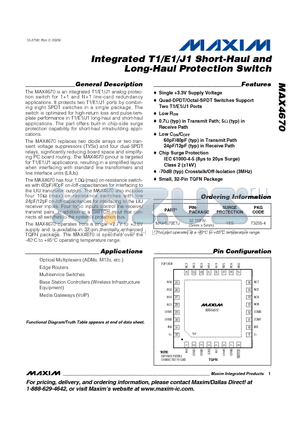 MAX4670 datasheet - Integrated T1/E1/J1 Short-Haul and Long-Haul Protection Switch