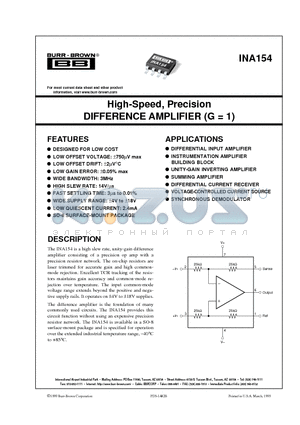 INA154 datasheet - High-Speed, Precision DIFFERENCE AMPLIFIER G = 1