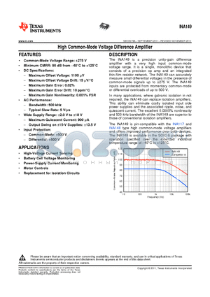 INA149AIDR datasheet - High Common-Mode Voltage Difference Amplifier