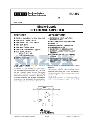 INA152 datasheet - Single-Supply DIFFERENCE AMPLIFIER