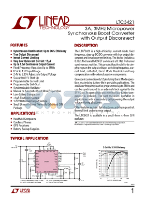 LTC3421 datasheet - 3A, 3MHz Micropower Synchronous Boost Converter with Output Disconnect