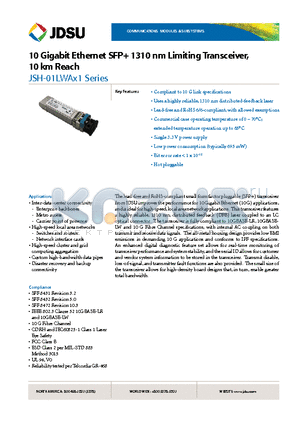 JSH-01LWAA1 datasheet - 10 Gigabit Ethernet SFP 1310 nm Limiting Transceiver, 10 km Reach
