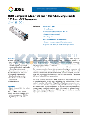JSH-12L1DD1 datasheet - RoHS-compliant 2.125, 1.25 and 1.063 Gbps, Single-mode 1310 nm eSFP Transceiver