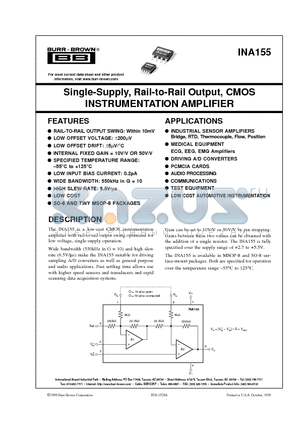 INA155UA datasheet - Single-Supply, Rail-to-Rail Output, CMOS INSTRUMENTATION AMPLIFIER