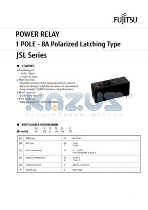 JSL-21161 datasheet - POWER RELAY 1 POLE - 8A Polarized Latching Type