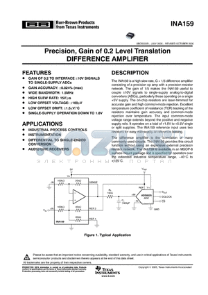 INA159_12 datasheet - Precision, Gain of 0.2 Level Translation