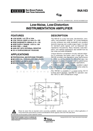 INA163UA/2K5 datasheet - Low-Noise, Low-Distortion INSTRUMENTATION AMPLIFIER
