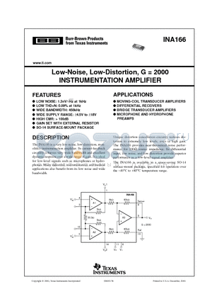 INA166 datasheet - Low-Noise, Low-Distortion, G = 2000 INSTRUMENTATION AMPLIFIER